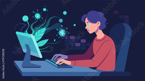 A person typing furiously at a computer their fingertips glowing with a genetic alteration that allows for increased mental focus and multitasking..