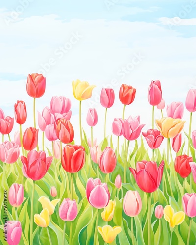 A field of red  pink and yellow tulips  painted in a realistic style.