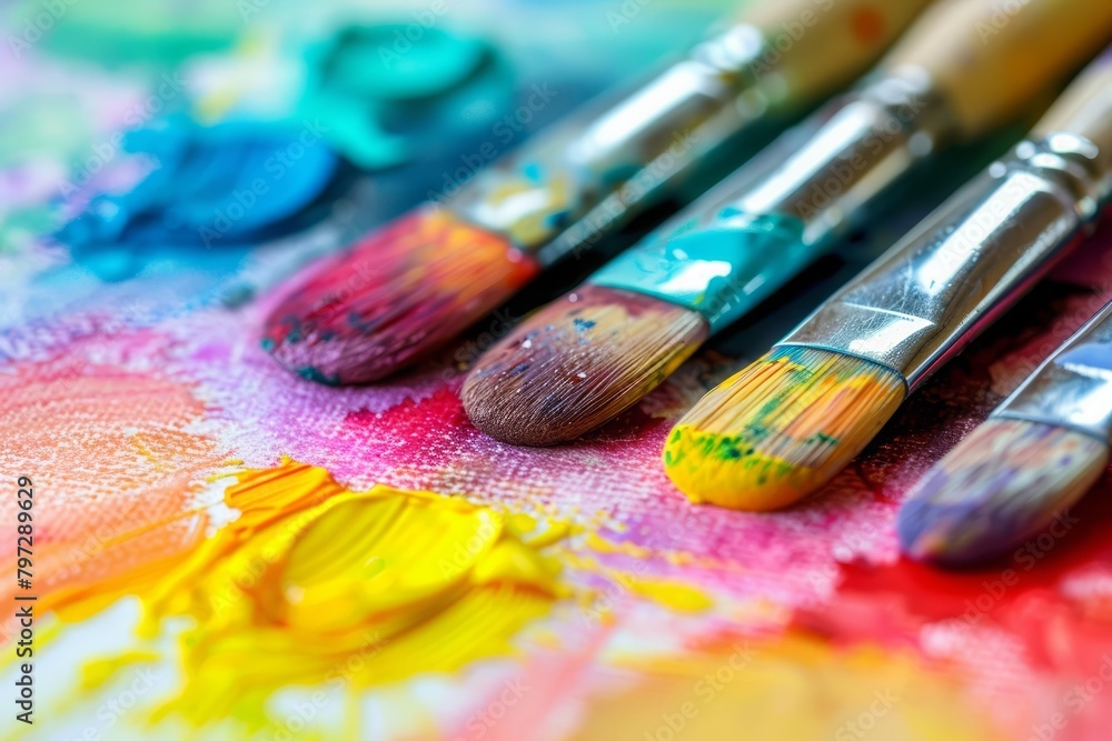 Fototapeta premium A close-up of paintbrushes on a canvas with bright colors