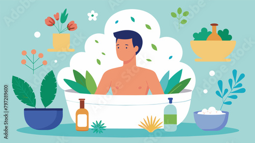 An illustration of a man taking a relaxing herbal bath with drawings of different herbs and their calming and rejuvenating effects showcased around.