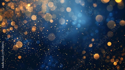 Abstract background with dark blue and gold particles, golden Christmas light particles shine bokeh on a dark blue background, gold foil texture concept.