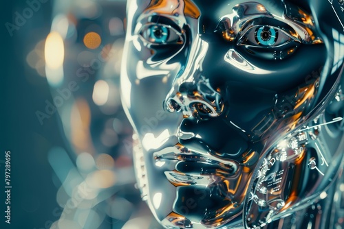 A close up of a female cyborg's face. The face is made of metal and has glowing blue eyes. The background is blurred and out of focus.