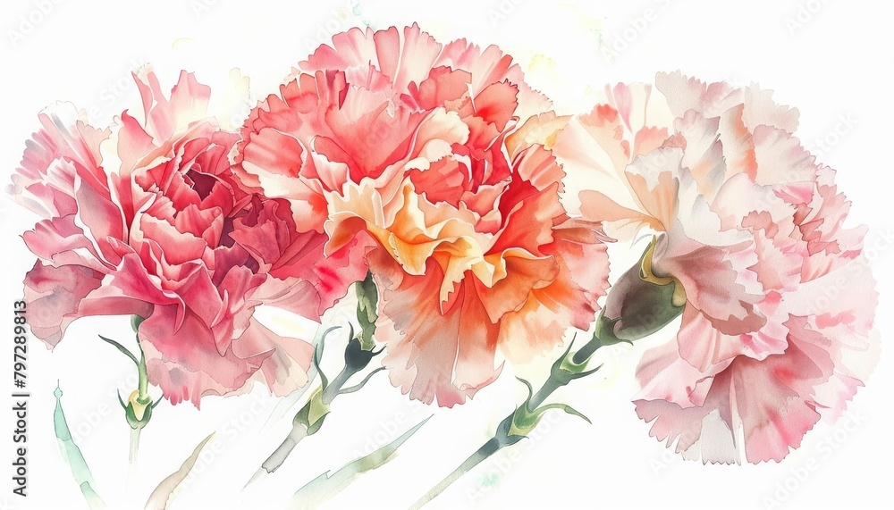 Carnations layer ruffled petals in shades that dance vividly in a watercolor dream, kawaii water color, bright water color