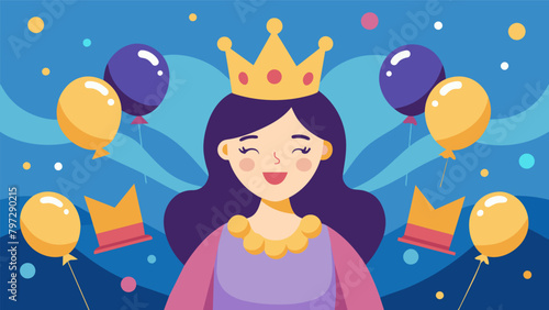A sleepover queen crown adorning the head of the host surrounded by balloons and sweet treats as she thanks her friends for making her first