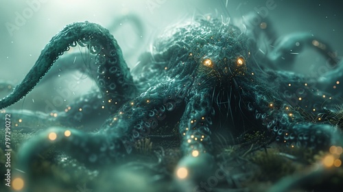 Design a 3D render An otherworldly alien creature with multiple tentacles and glowing orbs for eyes