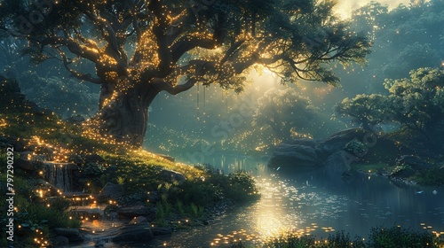 Design a mystical forest glade with sparkling streams ancient ruins