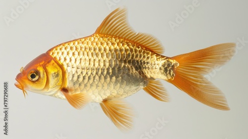 A swimming gold fish against a neutral background. Full body shot. 