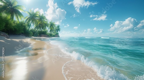 Render a serene beach scene with golden sands clear blue waters