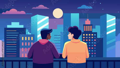 The bright city lights shine down on two friends perched on a rooftop and nestled in deep conversation murmuring secrets that only they can hear.. Vector illustration