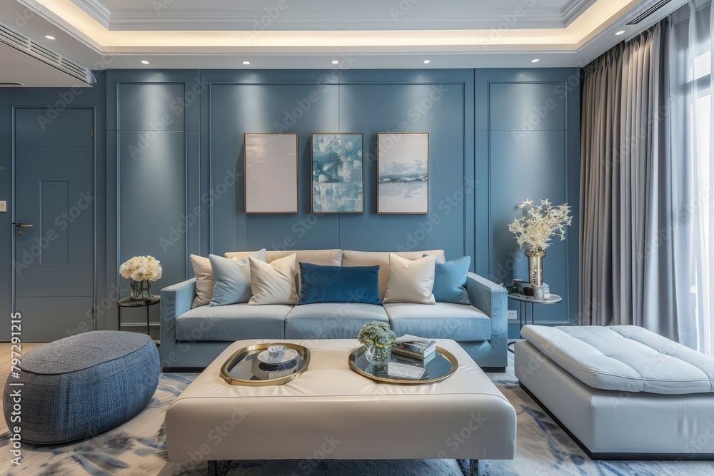 Luxury modern interior of blue pastel and gray tone living room home decor concept background Luxury modern interior of blue pastel and gray tone living room home decor concept background