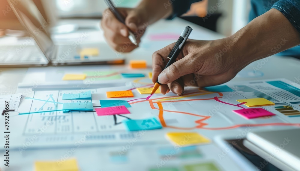 A photo of two people brainstorming ideas. One person is holding a pen and the other is holding a pencil. They are surrounded by sticky notes and papers. A photo of two people brainstorming ideas. One person is holding a pen and the other is holding a pencil. They are surrounded by sticky notes and papers.