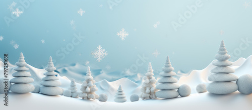 Winter landscape with snowdrifts and snowy fir trees. . Festive holiday xmas horizontal banner with stars, cloud, snowfall and moon.