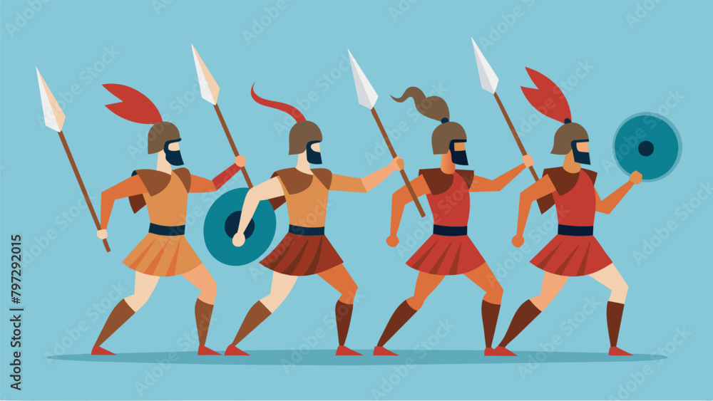 A group of Greek hoplites in a phalanx formation training alongside a team of taekwondo athletes highlighting the importance of discipline and