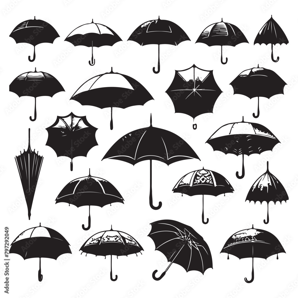 Black silhouette set of various umbrellas, vector illustration