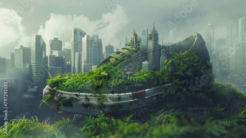 Shoe with greenery and city   Carbon Footprint concept   Generative Ai hyper realistic 