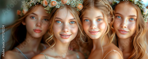 Four young women with long blonde hair and blue eyes are smiling for the camera