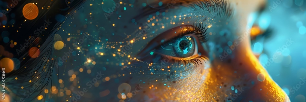 A close-up of a woman's eye with glitter and sparkles. The eye is looking at the camera. The background is blurred and out of focus. A close-up of a woman's eye with glitter and sparkles. The eye is looking at the camera. The background is blurred and out of focus.
