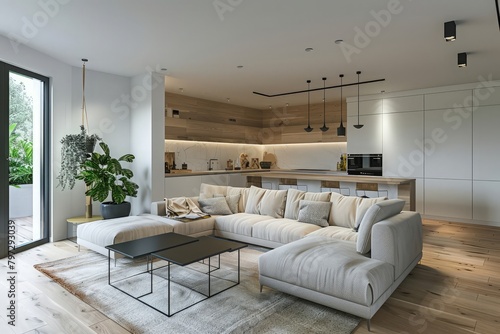 Modern Living Room with Open Kitchen. 3d Render