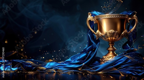 The cup with a shiny golden surface decorated with blue ribbons symbolizes victory and excellence. Generative AI