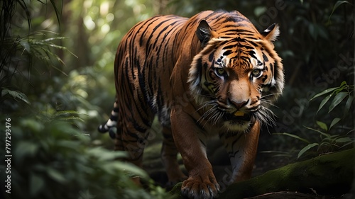 tiger in the wild, A fierce and powerful tiger, stalking through the dense jungle, its piercing gaze fixed on its prey.