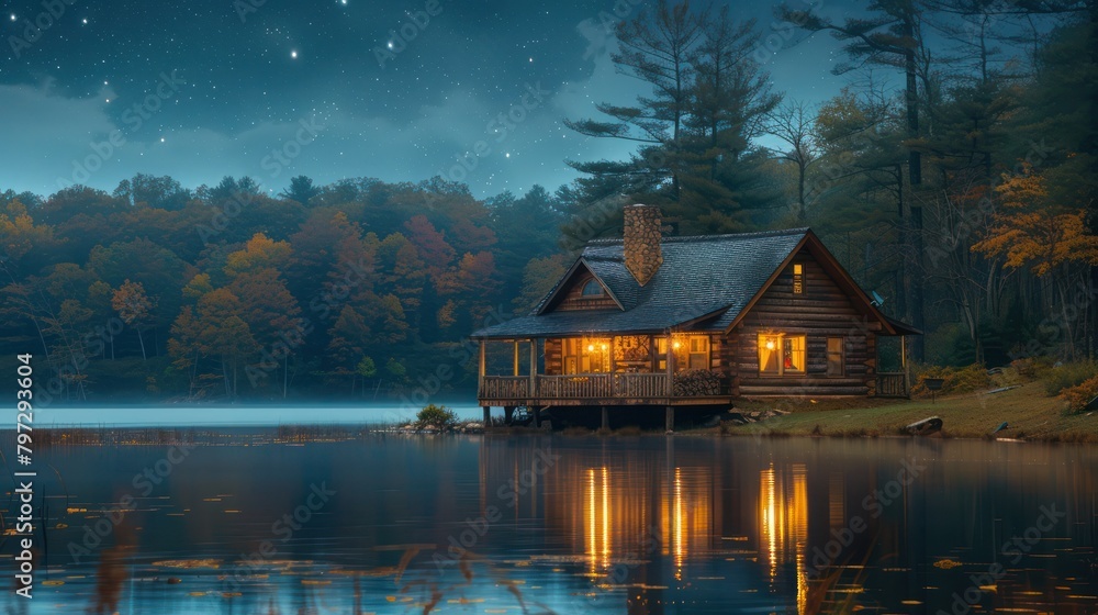 Fototapeta premium Cabin on a Lake at Night With Stars in the Sky