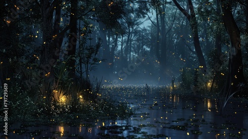 A firefly-lit night in a swampy woodland  creating a magical glow