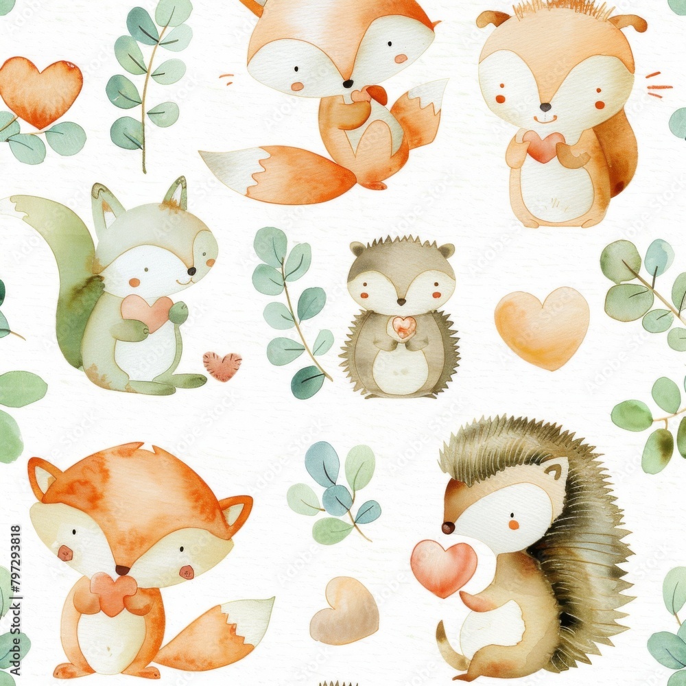 Obraz premium Watercolor painting of group of woodland animals, including a fox, a squirrel, and a hedgehog, are holding hearts in their paws