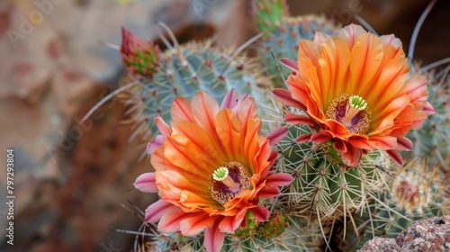 A flowering cactus with vibrant blooms in a desert setting 