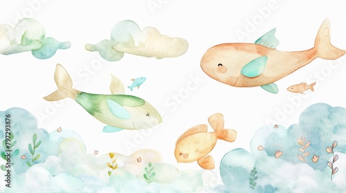 Watercolor painting of a group of fish are swimming in the ocean with clouds in the background. The fish are smiling and seem to be having a good time