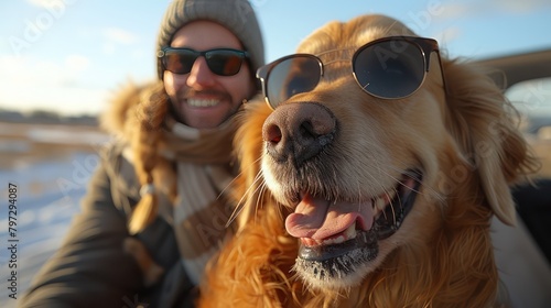 A Man and a Dog Wearing Sunglasses on a Boat