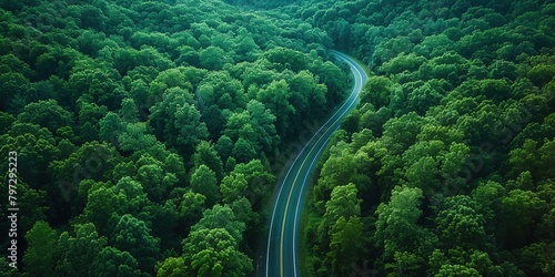 Birds-eye view of green forest below, separated by winding asphalt road. Luxurious aesthetic background. Generative AI © kovalovds