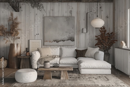 Scandinavian farmhouse living room interior  wall mockup  3d render