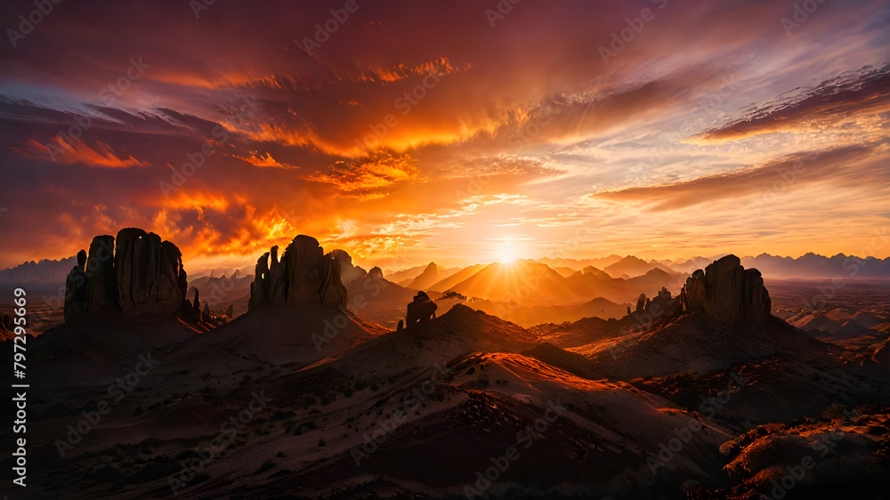 Naklejka premium A fiery sunset over a desert landscape