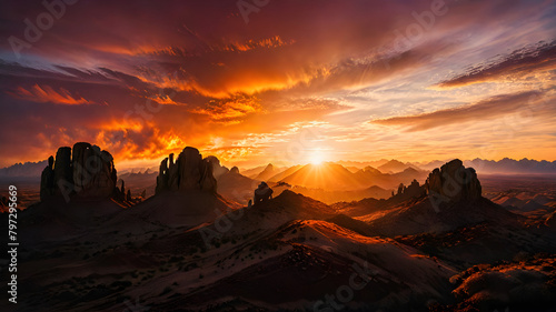 A fiery sunset over a desert landscape