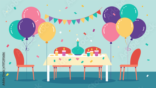 A table filled with colorful balloons streamers and confetti inviting guests to indulge in the vibrant atmosphere.