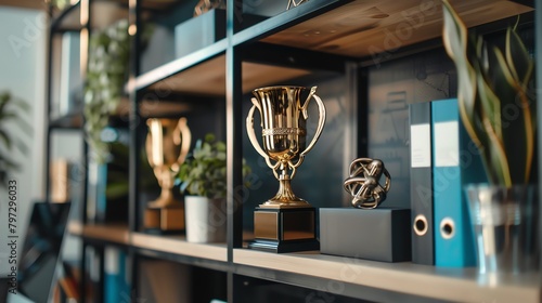 Closeup of a trophy shelf displaying awards and certificates in a successful entrepreneur s home office
