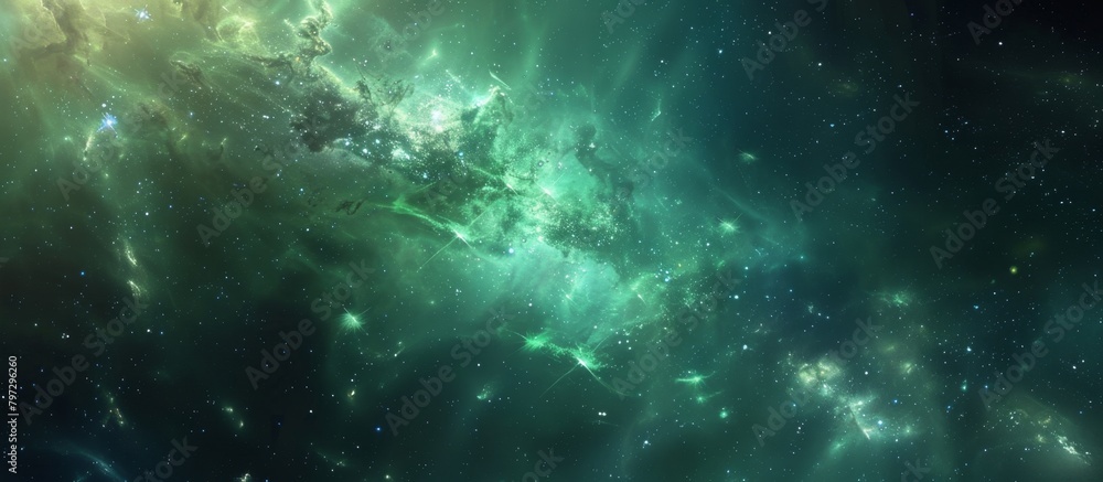 Vivid celestial scene featuring a vast expanse of green and black galaxy studded with twinkling stars and glowing nebulas Vivid celestial scene featuring a vast expanse of green and black galaxy studded with twinkling stars and glowing nebulas