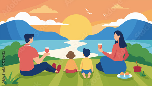 A family picnic on a grassy hill with everyone holding glasses of fruit punch and admiring the sunset over a nearby lake..