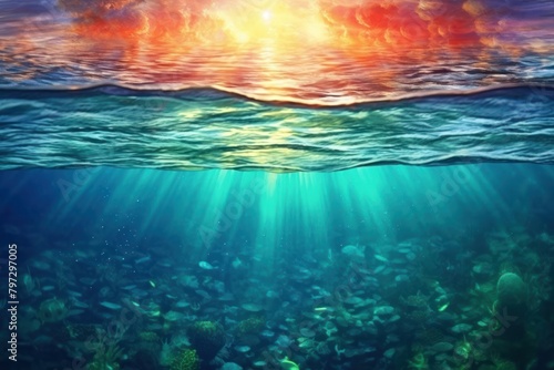 Sunset in ocean underwater outdoors nature.