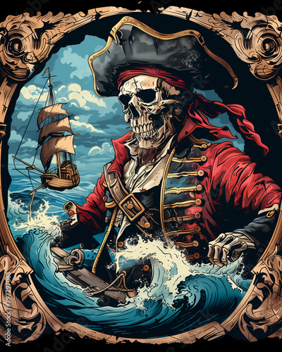 A pirate skeleton is holding a skull and a ship