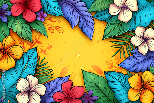 A colorful drawing of flowers and leaves with a yellow background
