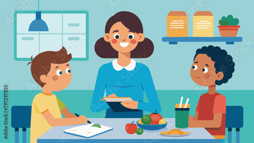 At the dinner table a parent asks their child about their day at school and helps them organize their workload for the upcoming week.. Vector illustration