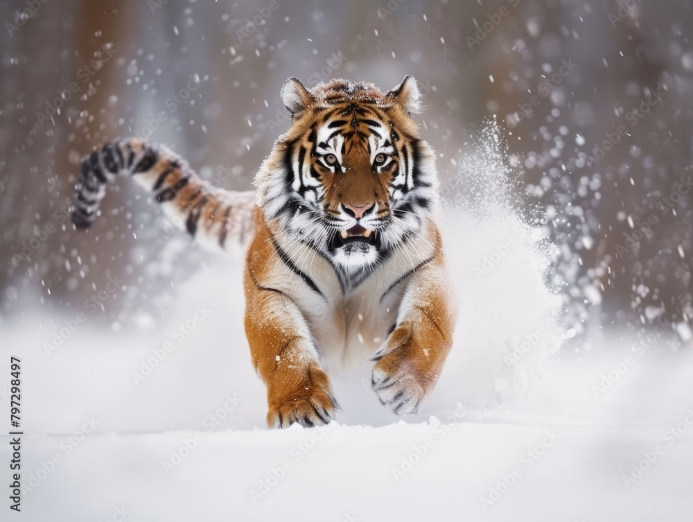 Tiger running in snow. Beautiful, dynamic and powerful photo of this majestic animal. Set in environment typical for this amazing animal 