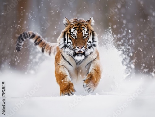 Tiger running in snow. Beautiful  dynamic and powerful photo of this majestic animal. Set in environment typical for this amazing animal 