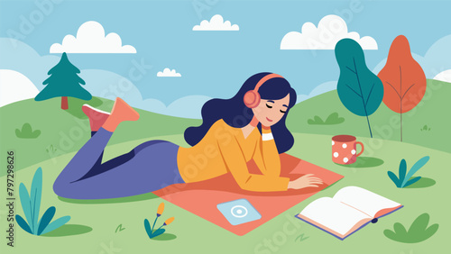 A teenage girl lays on a blanket in the park listening to her favorite music and journaling as a form of selflove and care..