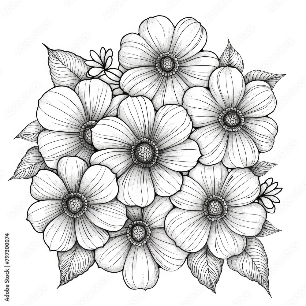 Flowers to Color, flower coloring page on white, pure white background, black and white, white background 