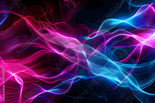 Abstract pink and blue neon waves with glowing patterns. Mesmerizing neon art on black background.