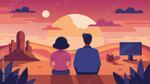 The couple found themselves lost in deep conversation as they watched the sunrise over the desert discussing their favorite books movies and TV shows.. Vector illustration