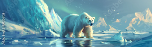 A polar bear walking on ice near glaciers