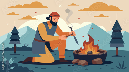 A rugged outdoor setting with a man forging metal jewelry over a makeshift fire pit the smoke and sparks adding to the authenticity of his craft..